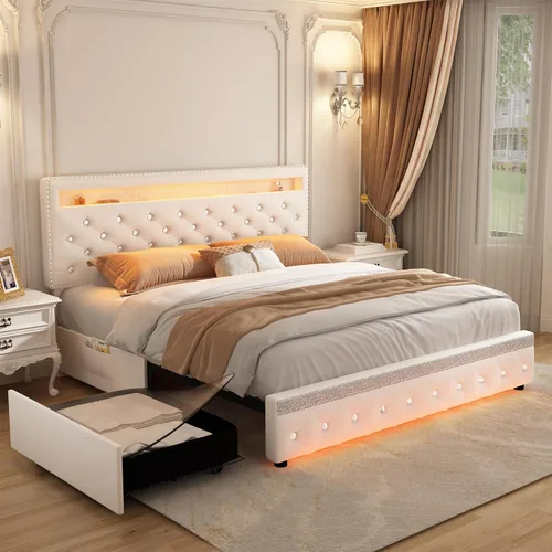 Miniatura 10 de Marco de Cama Queen con LED y 2 Cajones, Cabecero de Plataforma Moderno Resistente Ajustable Tapizado con Botones de Cristal Acolchado, Marco de Gris