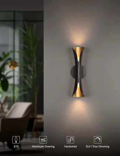 Miniatura 9 de Tubicen Apliques de pared negros y dorados modernos para interiores, iluminación de pared regulable, luces cableadas de 15.7 pulgadas de alto, Negro