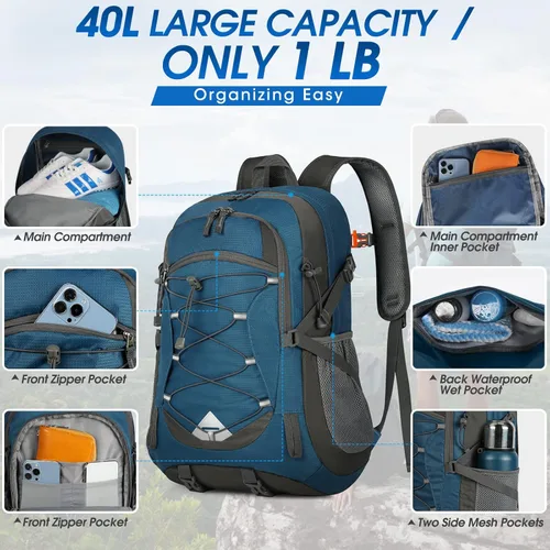 Miniatura 5 de IGOLUMON Mochila de senderismo de 40 L, plegable, ligera, mochila de camping para hombres y mujeres, impermeable, mochila de senderismo al aire Azul