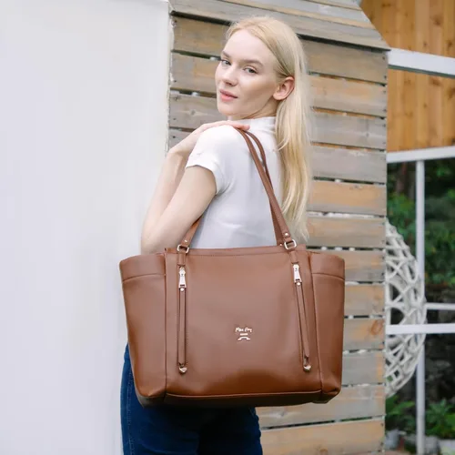 Miniatura 2 de miss fong Bolso de pañales tipo mochila de cuero, bolso grande para mamá, bolsa hospitalaria, 12 bolsillos, bolso de viaje para pañales con Marrón