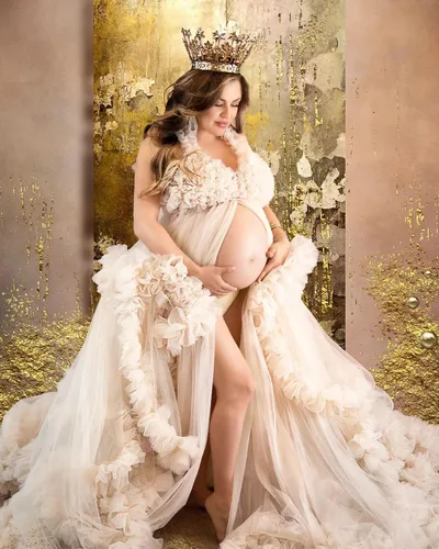 Miniatura 4 de NNagrace Vestido de maternidad de tul para sesión de fotos con volantes hinchados, vestido largo de lencería nupcial, vestido de baby shower