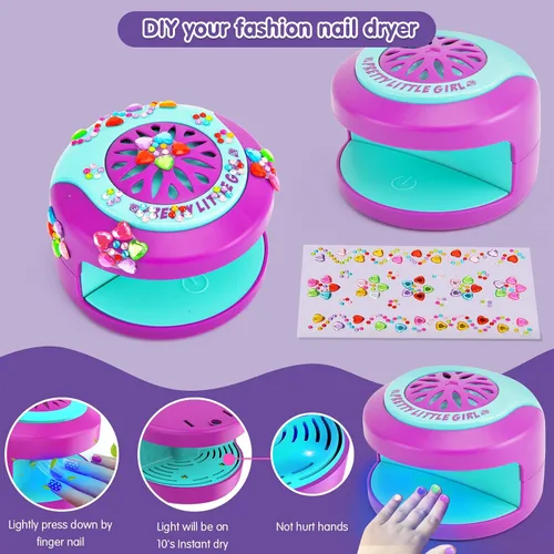 Miniatura 5 de Juego de esmaltes de uñas para niñas, kit de arte de uñas DIY con secador de uñas, uñas postizas, pegatinas de uñas, esmalte de uñas despegable,