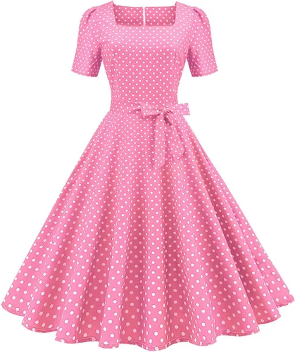 Vestido de fiesta de manga corta con estampado de lunares, estilo vintage, con lazo, para baile de graduación, vestido casual