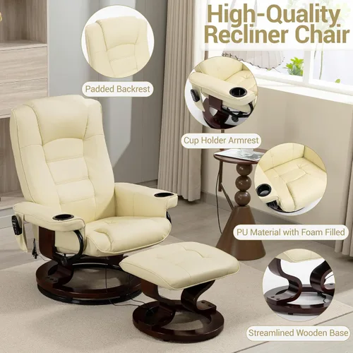 Miniatura 4 de Sillón reclinable de masaje de 8 puntos con otomana, silla reclinable de piel sintética climatizada con base de madera maciza, silla de TV