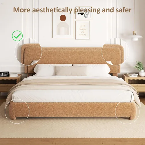 Miniatura 3 de Base de cama de tamaño Full con tapizado de bouclé, plataforma tapizada con cabecera, anticolisión con esquinas redondeadas suaves, no requiere