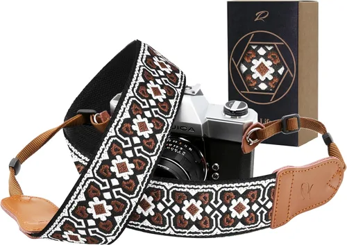 Miniatura 40 de Padwa Lifestyle Correa para cámara de flores marrones, correa de algodón de doble capa de piel de vaca de 2 pulgadas de ancho, bordado jacquard Flor