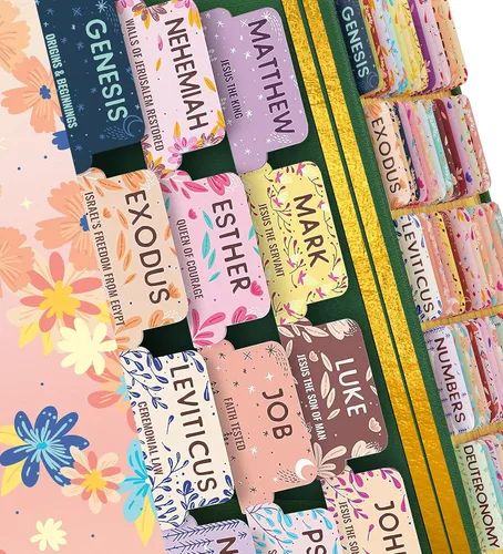 Bloom Gold Lindas pestañas de la Biblia para mujeres Biblia de estudio – Resúmenes de libros nutritivos del alma – 66 pestañas de libro de la Biblia