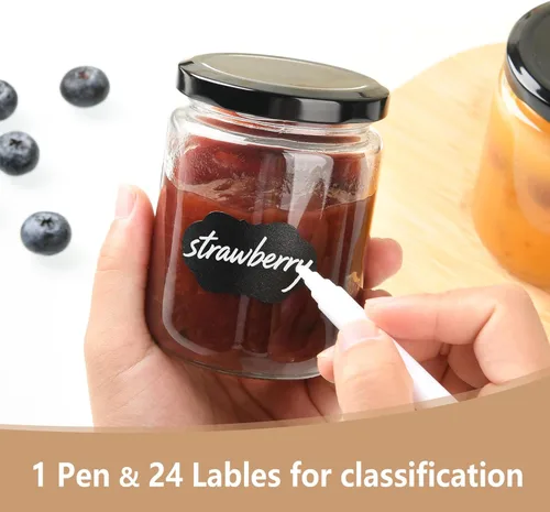 Miniatura 4 de Paquete de 24 tarros de vidrio de 8 onzas con tapas, tarros pequeños transparentes de 8.1 fl oz con 24 calcomanías, tarro reutilizable