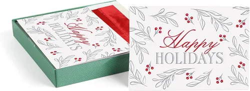 Masterpiece - Tarjetas navideñas plateadas y rojas, juego de 15 tarjetas de Navidad en caja con detalles de aluminio y sobres a juego, tarjetas de