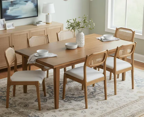 Miniatura 12 de EALSON Juego de 2 sillas de comedor de ratán estilo granja, modernas de mediados de siglo, sillas auxiliares de cocina tapizadas de lino