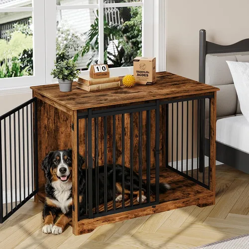 Miniatura 23 de Hzuaneri Mueble de jaula para perros de 31.9 pulgadas con puerta de granero, perrera resistente para interiores con 2 puertas, mesa auxiliar
