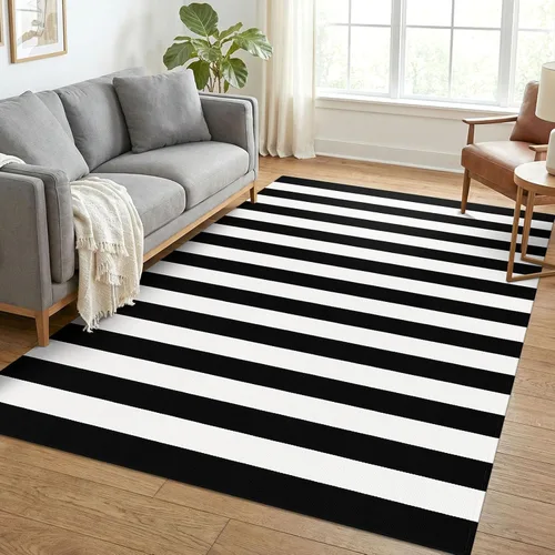 Miniatura 18 de KOZYFLY Alfombra a rayas blancas y negras de 2 x 3 pies, tejido de algodón, lavable, para interiores y exteriores, alfombra pequeña para puerta