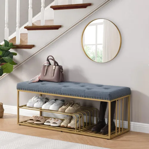 Miniatura 10 de Banco de lino con almacenamiento de zapatos de entrada con asiento acolchado copetudo, banco otomano con marco mental dorado para dormitorio, Beige