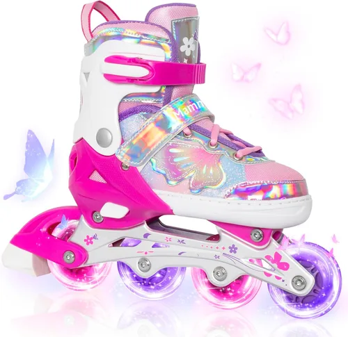 MammyGol Patines en línea para niñas y niños, 4 tamaños ajustables, patines de mariposa con ruedas intermitentes de colores vibrantes, patines para