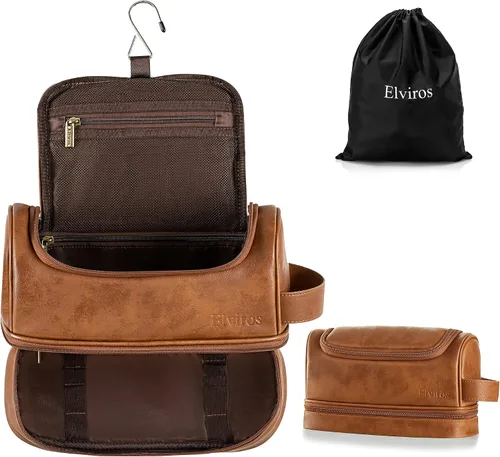 Miniatura 12 de Elviros - Neceser de aseo personal para hombre, organizador de viaje de cuero PU, con gancho para colgar, bolsas de afeitado para el baño de gran