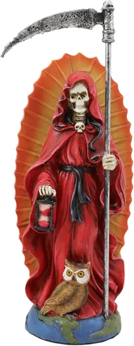 Ebros Gift Túnica roja de 7.5 pulgadas de alto, diseño de hueso de la muerte de Santa Muerte, guadaña y reloj de arena de pie en el globo con