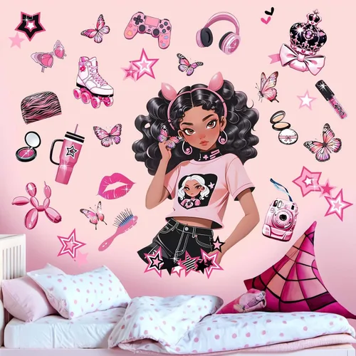 Miniatura 2 de Adhesivos de pared para dormitorio para niñas negras: calcomanías de moda de mariposas afroamericanas de pelar y pegar - decoración de arte