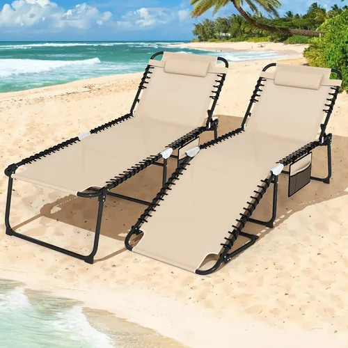 Miniatura 8 de Goplus Tumbona para exteriores, silla de playa plegable extragrande de 5 posiciones con almohada desmontable, bolsillo lateral, silla de bronceado