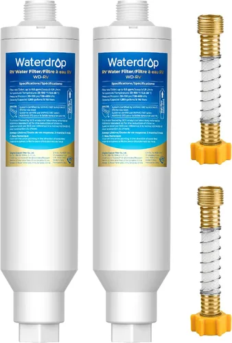Waterdrop Filtro de agua para autocaravana, certificado NSF, reduce el cloro, el mal sabor, el olor, paquete de 2, protector de manguera flexible