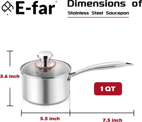 Miniatura 2 de E-far Cacerola de 1 cuarto de galón, sartén de acero inoxidable de tres capas con tapa de vidrio, pequeña olla de inducción de cocción compatible