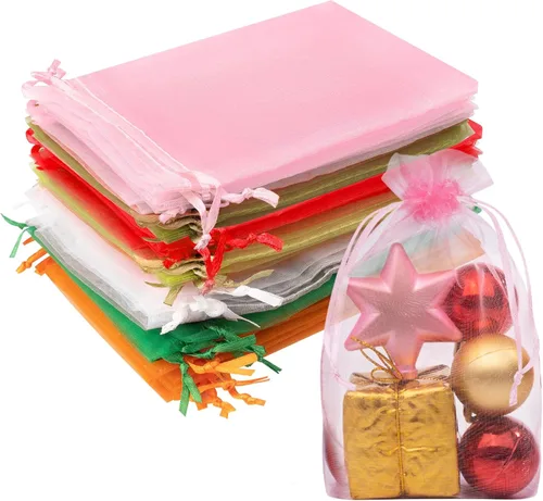 50 bolsas de organza de 4 x 6 pulgadas, color mixto, pequeñas bolsas de regalo de malla con cordón, lindas bolsas transparentes coloridas para 10