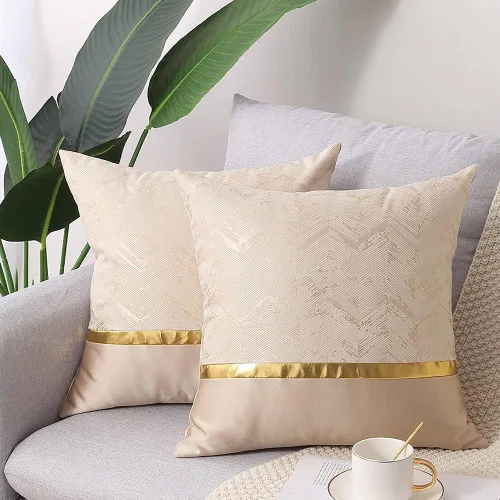 Juego de 2 fundas de almohada decorativas de 20 x 20 pulgadas, de cuero beige dorado a rayas, jacquard, funda de cojín cuadrada moderna de lujo para