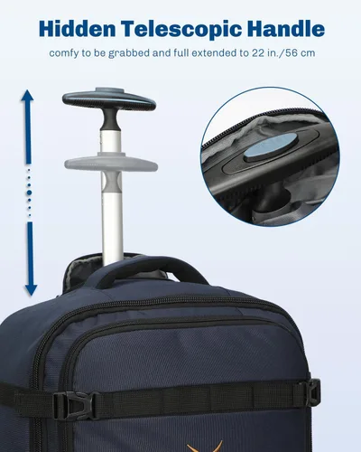 Miniatura 2 de Hynes Eagle Mochila rodante de 42 L con ruedas, mochila de viaje aprobada para vuelos, equipaje de mano, mochila de equipaje, Azul oscuro, Mochilas