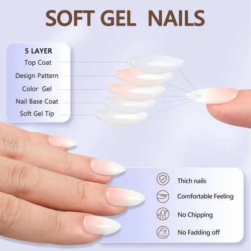 Miniatura 5 de 6 paquetes de uñas postizas en forma de almendra, uñas postizas de punta francesa Misssix cortas, uñas postizas reutilizables con pegamento, uñas
