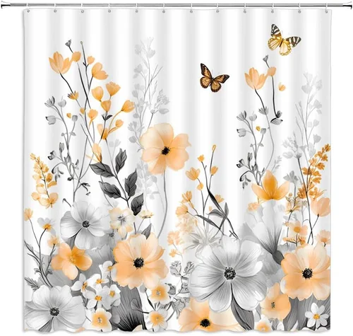Miniatura 2 de Cortina de ducha de flores naranjas, gris quemado, floral, mariposa, granja, flores silvestres, elegante, hermosa, cortina de baño con gancho