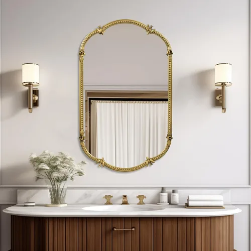 Miniatura 7 de Espejo de pared ovalado dorado de 19 x 32 pulgadas, espejo decorativo con marco de cuentas de metal, bonito patrón de pájaros y flores, espejo