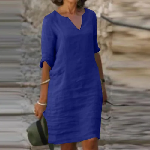 Miniatura 2 de Ceboyel Vestido de verano de lino y algodón para mujer, cuello en V, vestidos casuales lisos de media manga, vestido corto bohemio para mujer 2023