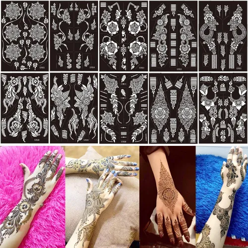 Miniatura 9 de 10 hojas de plantillas de tatuaje de henna 10 pares de plantillas de tatuaje temporal para brazo y mano Tatuajes indios árabes con purpurina Negro