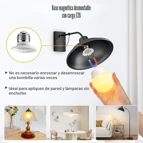Miniatura 2 de Brightown - Foco recargable E26 con temporizador remoto y 3 temperaturas de color, bombilla con batería de respaldo para apliques y lámparas, E26