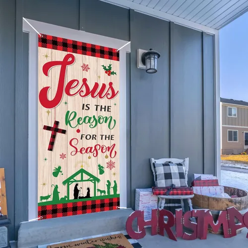 Miniatura 7 de Cubierta de puerta religiosa de Jesús de Navidad, telón de fondo para puerta de fiesta de Navidad con texto en inglés «Jesús es la razón