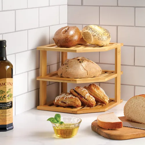 Miniatura 2 de Paquete de 2 organizadores de platos para gabinete, estante esquinero de bambú para almacenamiento de cocina o baño, estante que ahorra espacio