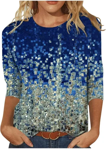 Miniatura 13 de Camisas de manga 3/4 para mujer, blusas casuales de verano 2026, cuello redondo, estampado floral, lindas, blusas holgadas 02 Beige