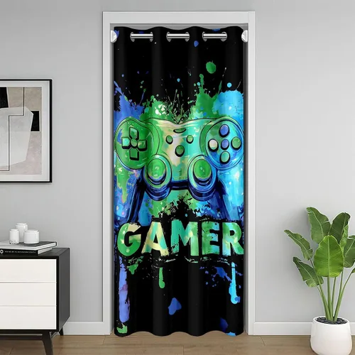 Miniatura 24 de Castle Fairy Cortina de puerta con estampado de consola de videojuegos de dibujos animados para privacidad de puerta, cortina geométrica de panal