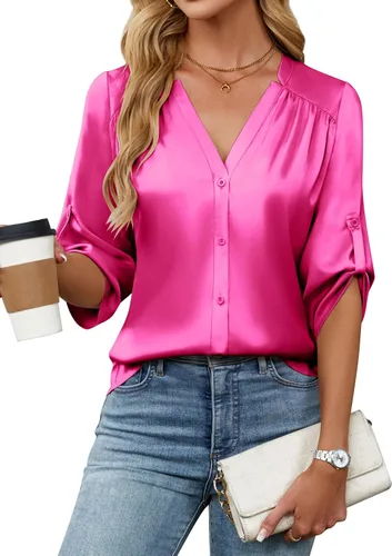 Miniatura 24 de Blooming Jelly Camisas con botones para mujer de manga 3/4, tops casuales elegantes, blusas de negocios de satén de seda plisado 2025