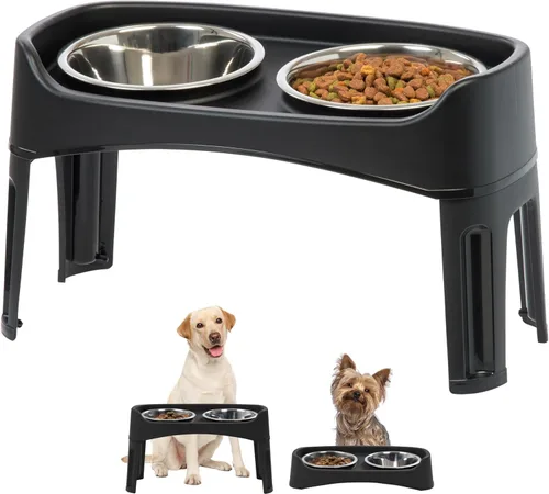 IRIS USA Cuencos elevados para perros, soporte ajustable, estación de alimentación elevada con 2 cuencos de acero inoxidable de 64 onzas, protector