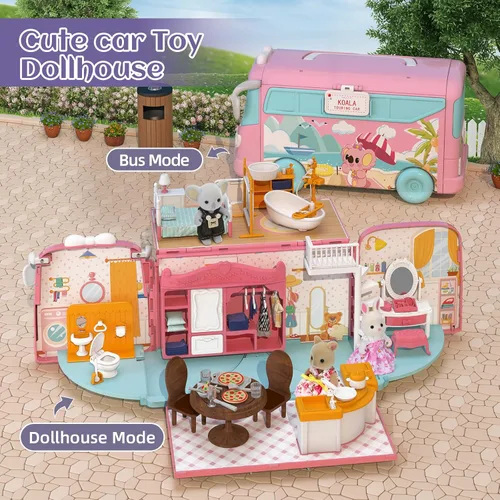 Miniatura 2 de Set de Juego Casa de Muñecas, Kit de Juguetes de Caravana Portátil DIY con Conejitos Muñecas Mini Casa de Campo Familiar para Acampar Juguetes