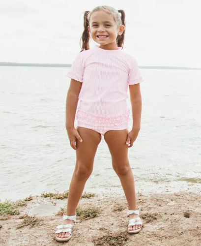 Miniatura 3 de RuffleButts - Conjunto de traje de baño de manga corta para bebé o niña con protección solar UPF 50+