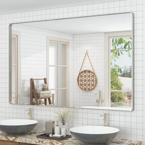 Miniatura 137 de Paquete de 2 espejos de baño con marco de metal negro de 22 x 30 pulgadas, espejo rectangular redondeado negro mate, antioxidante, se cuelga