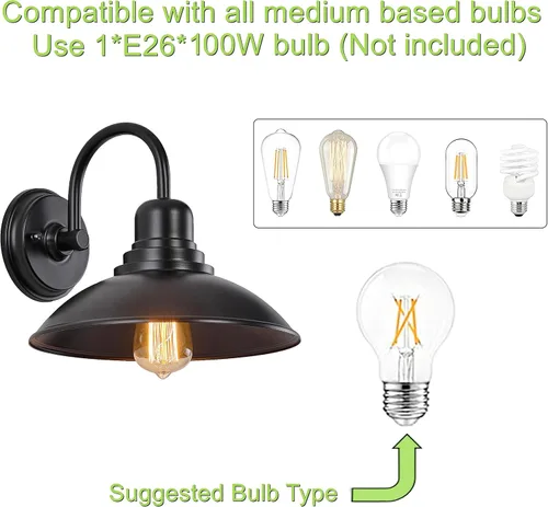 Miniatura 4 de GOLDHILL Luz de Granero Exterior Negra con Cuello de Ganso, Luces de Tocador de Estilo Granja con Base E26, Luces Exteriores Redondas para Casa