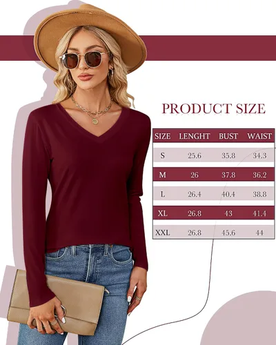 Miniatura 7 de Ficerd Paquete de 2 camisetas con cuello en V para mujer, manga corta o larga, camisetas básicas de verano casuales con dobladillo sólido