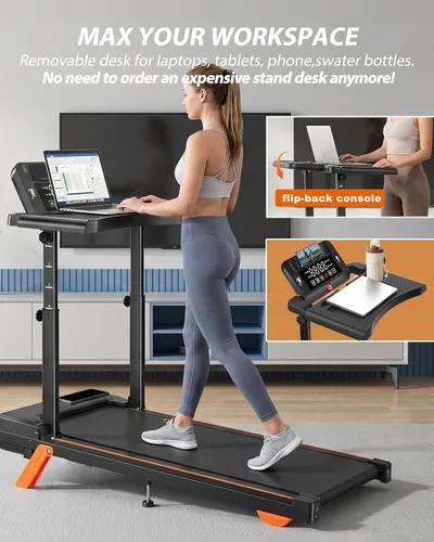 Miniatura 2 de 12% Incline Multifunctional Walking Pad with Height-Adjustable Handle Bar and Built-in Removable Desk, 8.0MPH/3.5HP Small Treadmill, 350LBS