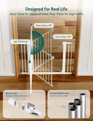 Miniatura 6 de Babelio Puerta de bebé metálica, de 74-122 cm, con cierre automático, fácil de instalar, puerta de seguridad para niños extra ancha, puerta