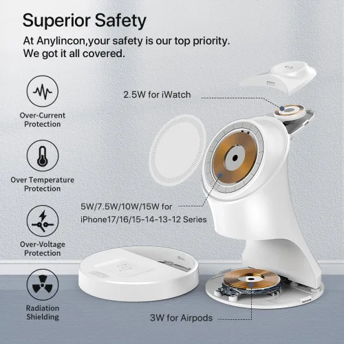 Miniatura 5 de Cargador inalámbrico, soporte de cargador inalámbrico magnético 3 en 1, base de carga inalámbrica rápida para iPhone 17/16/15/14/13/12, Apple Watch