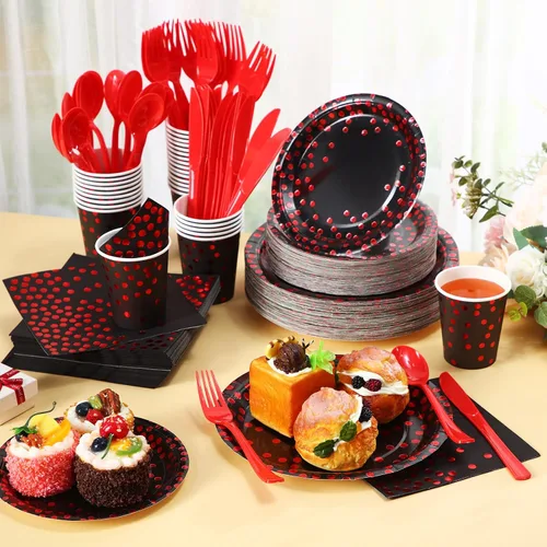 Miniatura 3 de Sieral 560 piezas de suministros de fiesta negros y rojos para 80 invitados, juego de vajilla desechable con platos de papel negro y rojo