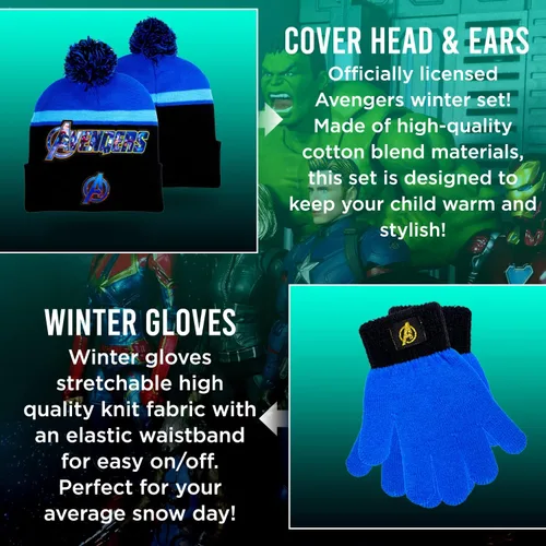Miniatura 2 de Marvel Avengers - Juego de sombreros de invierno y guantes de nieve para niños y niños pequeños con lindos guantes y gorro suave, pompones esponjosos