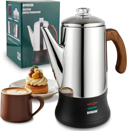Miniatura 10 de APOXCON Percolador de Café Eléctrico Cafetera de Acero Inoxidable con Perilla de Vidrio Resistente Transparente para Ver el Progreso